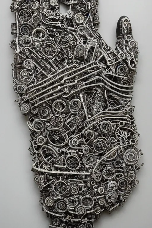 Image similar to cybernetic robotic hand made of intricate gears, wires and ceramics, engraved with sanskrit writing