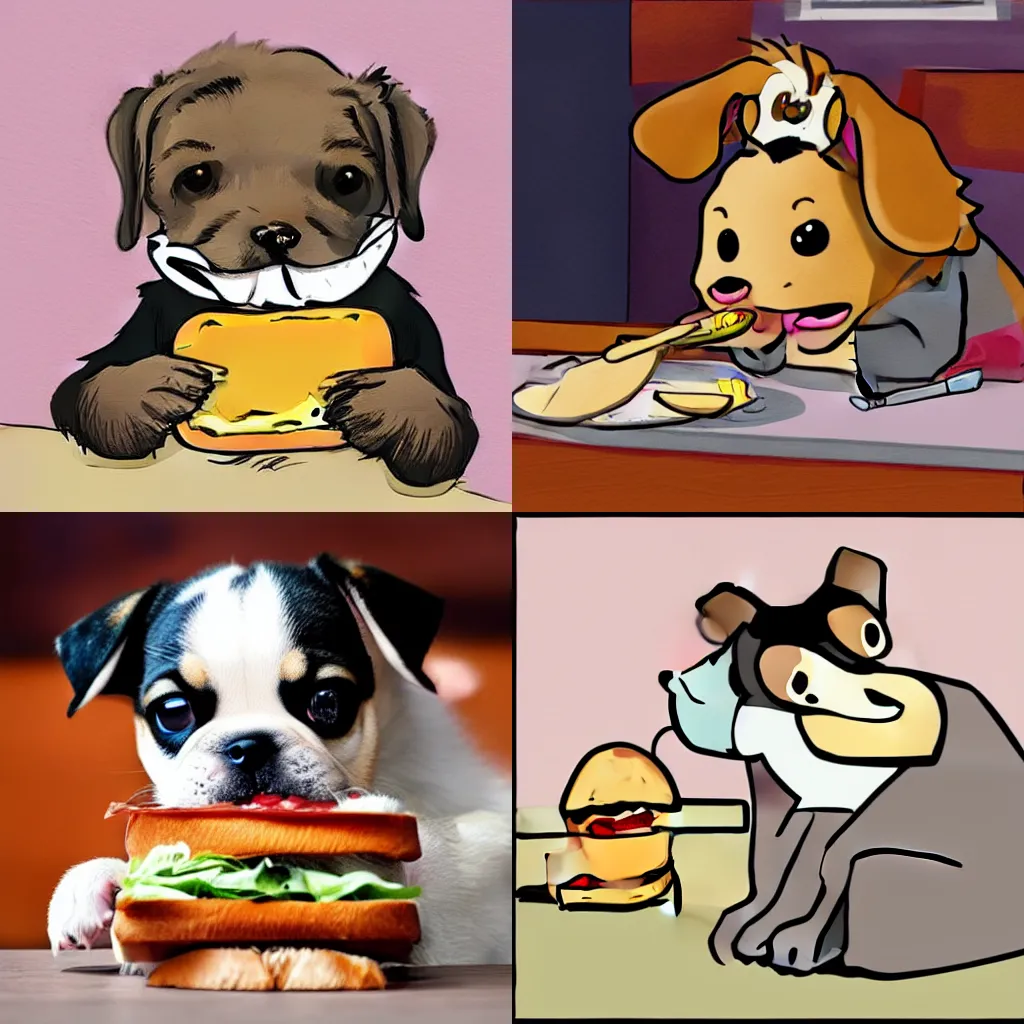 Prompt: a cute puppy eating a sandwich, cartoon