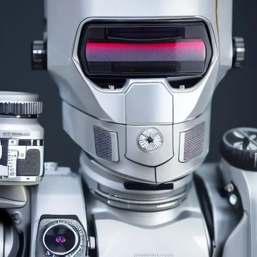 Prompt: high definition photograph shot with canon ef - s 5 5 - 2 5 0 mm f / 4 - 5. 6, full body shot, low focal point, narrow depth of field : ( subject = robot + subject detail = metallic, futuristic, glossy )