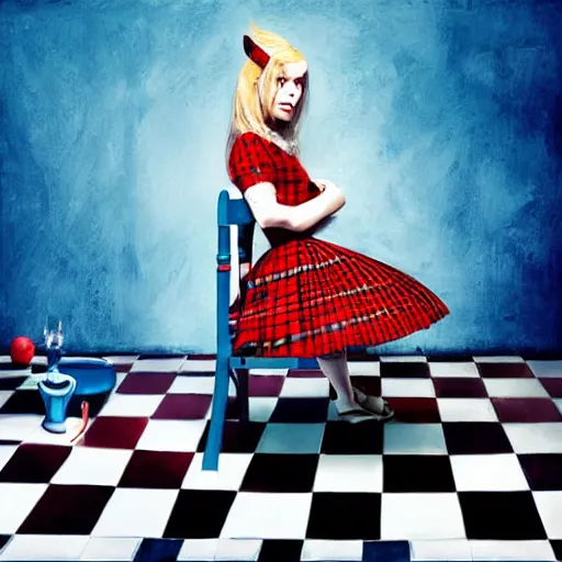 Image similar to alice in the wonderland, sitting, checkered floor, chair, blue dress, red door blonde, light by cheval michael