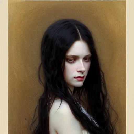 Image similar to Portrait of a beautiful, pale skin, female with long black hair, dark, piercing eyes, gentle expression, elegant clothing, photorealistic, highly detailed, artstation, smooth, sharp focus, art by Klimt, artgerm, Greg Rutkowski and Alphonse Mucha