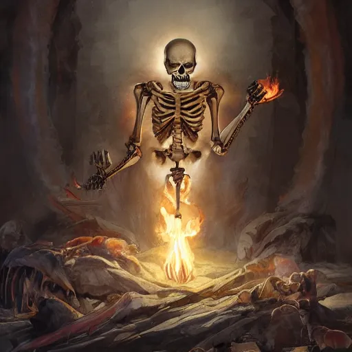 Prompt: skeleton burning in divine holy god ray spell scroll art by artgerm and greg rutkowski and Craig Mullins, James Jean, Andrey Ryabovichev, Mark Simonetti and Peter Morbacher 16k