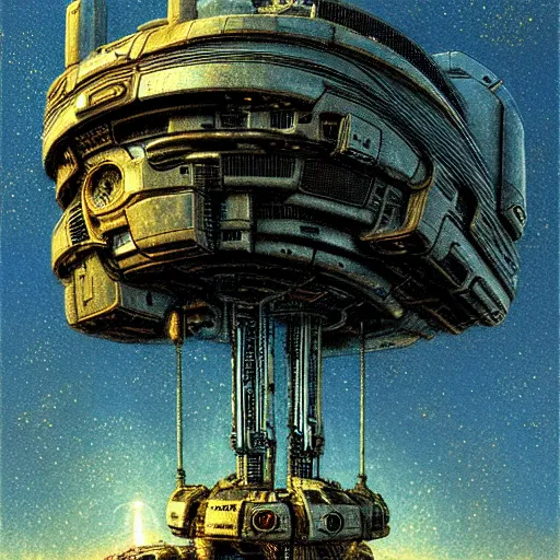 Image similar to cyberpunk starship hovering, atmospheric lighting, painted, intricate, golden hour, ultra detailed by peter gric, giger, enki bilal