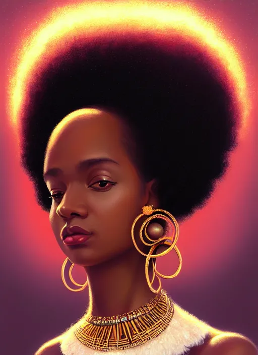 Image similar to portrait of young black woman with afro puffs, afro - futurist style, intricate, elegant gleaming jewelry, angelic halo, highly detailed, digital painting, artstation, concept art, smooth, sharp focus, illustration, art by wlop, mars ravelo and greg rutkowski