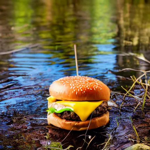 Prompt: a photo of a cheeseburger in a swamp