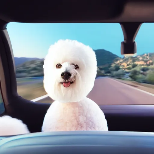 Prompt: a photorealistic image of bichon frise riding in the back on an uber in Hollywood at dusk. This 4K HD image is Trending on Artstation, featured on Behance, well-rendered, extra crisp, features intricate detail and the style of Unreal Engine.