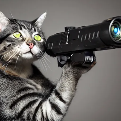 Image similar to cat pointing a gun at camera