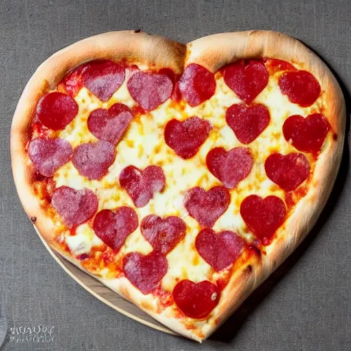 Image similar to heart shaped magerhita pizza with alot of cheese, 4 - 5 cherry tomata served on a wooden plate, ( ( ( no pepperoni ) ) )