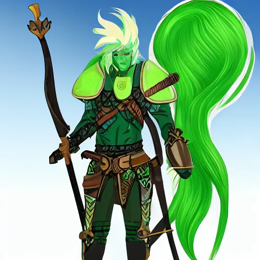 Image similar to Blue skinned fish person with green hair with a staff wearing leather armor, male, dungeons and dragons character, digital art