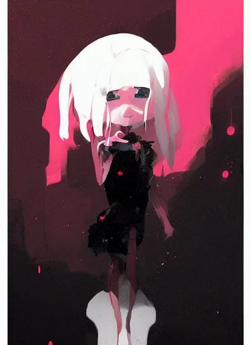 Prompt: highly detailed portrait of a ghost likely girl with neon red eyes, short white hair by atey ghailan, by greg rutkowski, by greg tocchini, by james gilleard, by joe fenton, by kaethe butcher, gradient pink, black, red, cream and white color scheme, trending in pinterest, award winning details
