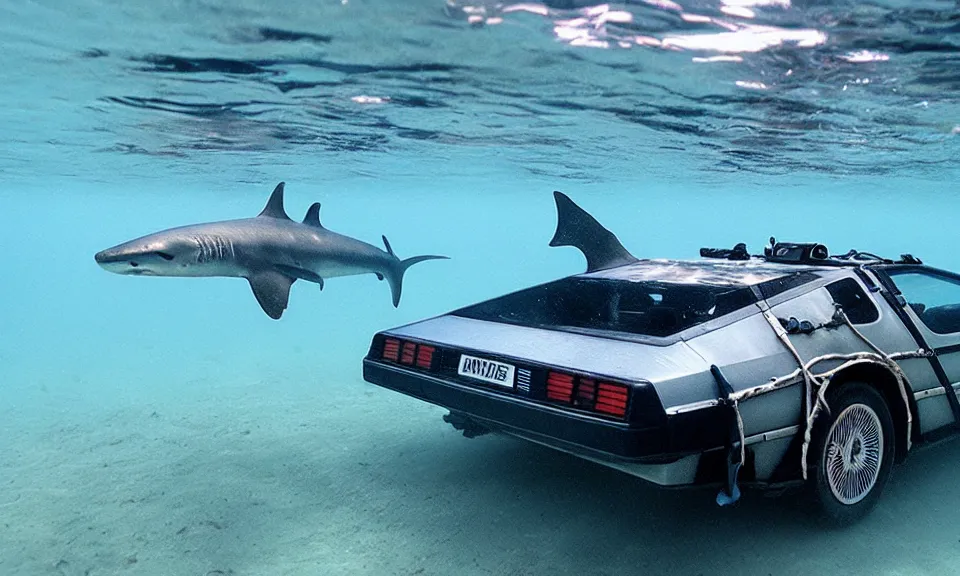 Image similar to photo of a delorean swimming underwater with sharks