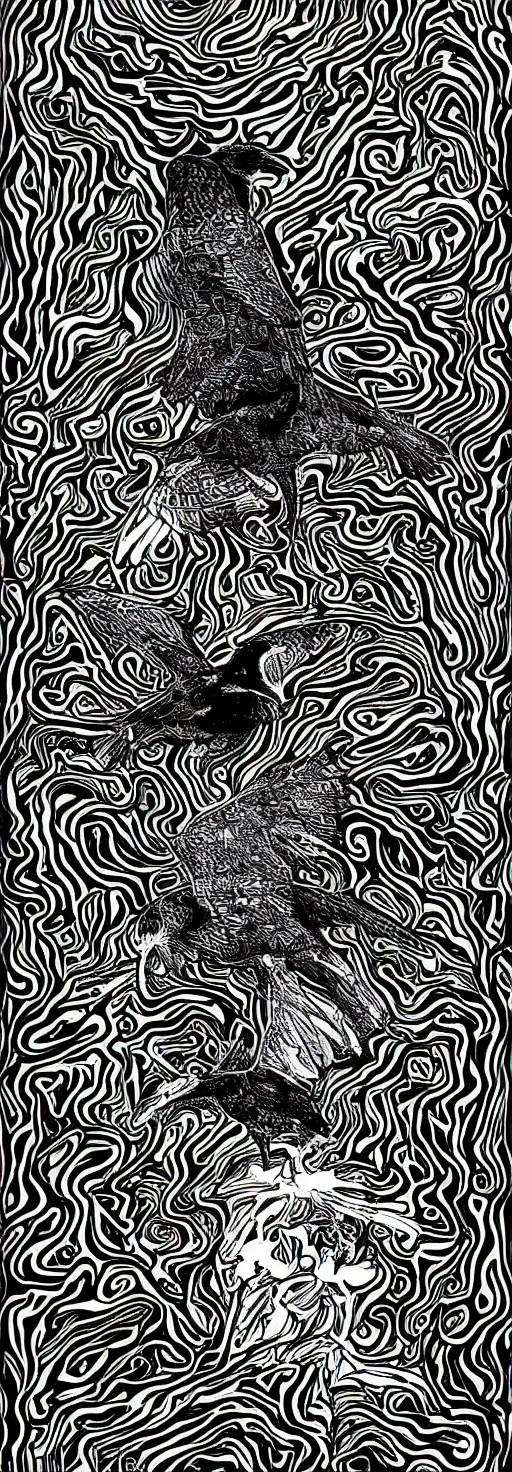 Prompt: psychedelic, monochrome artwork!!, of a single raven and deer combined, in front of an owl that is a window into the ocean, by didier comes, graphic novel art,