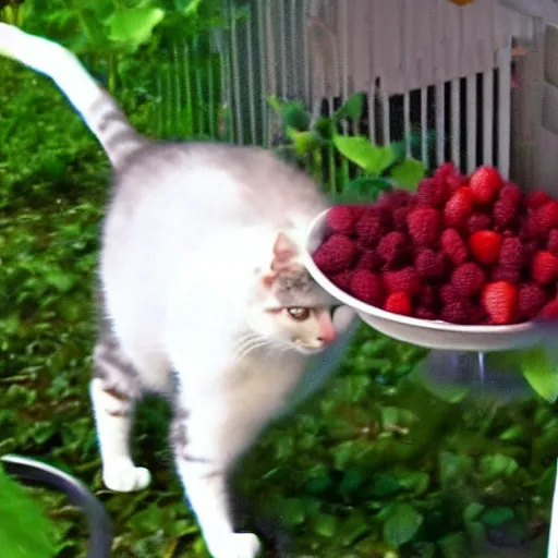 Image similar to cctv footage of a cat eating berries in backyard last night. caught on camera