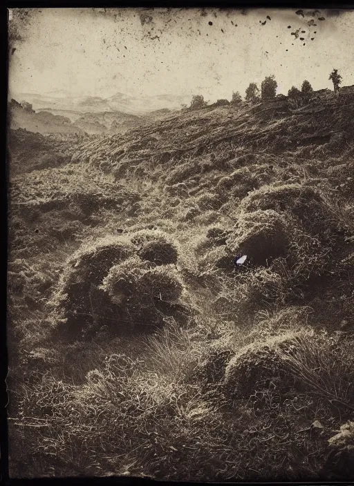 Prompt: old wetplate daguerreotype landscape of the high hills in the sun, dubbel negative exposure, explosion of data fragments, fractal, intricate, elegant, highly detailed, parallax, leica, medium format, subsurface scattering, by jheronimus bosch and greg rutkowski and louis jacques mande daguerre