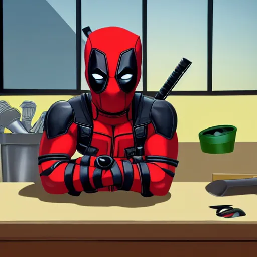 Prompt: movie still of deadpool as a pickle sitting on a workbench, high resolution, cartoon