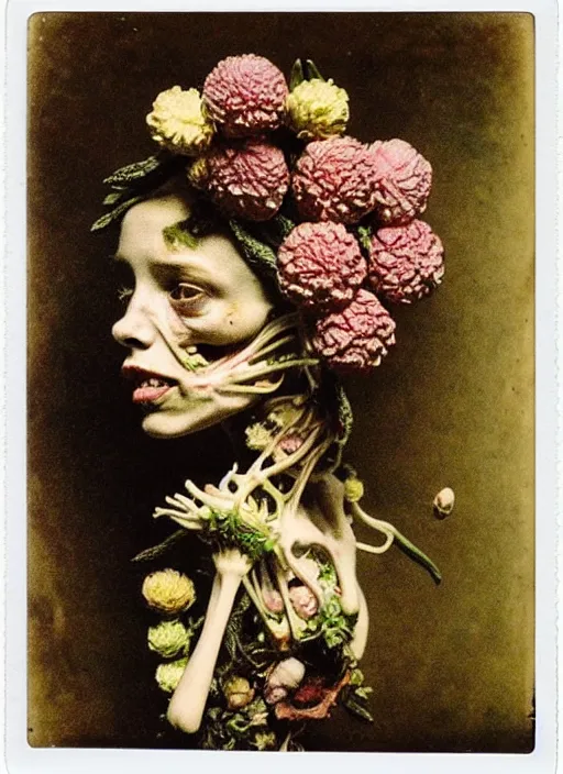 Image similar to beautiful and detailed rotten woman made of plants and many types of flowers like carnation, chrysanthemum and tulips, muscles, intricate, organs, ornate, surreal, john constable, guy denning, gustave courbet, caravaggio, romero ressendi 1 9 1 0 polaroid photo