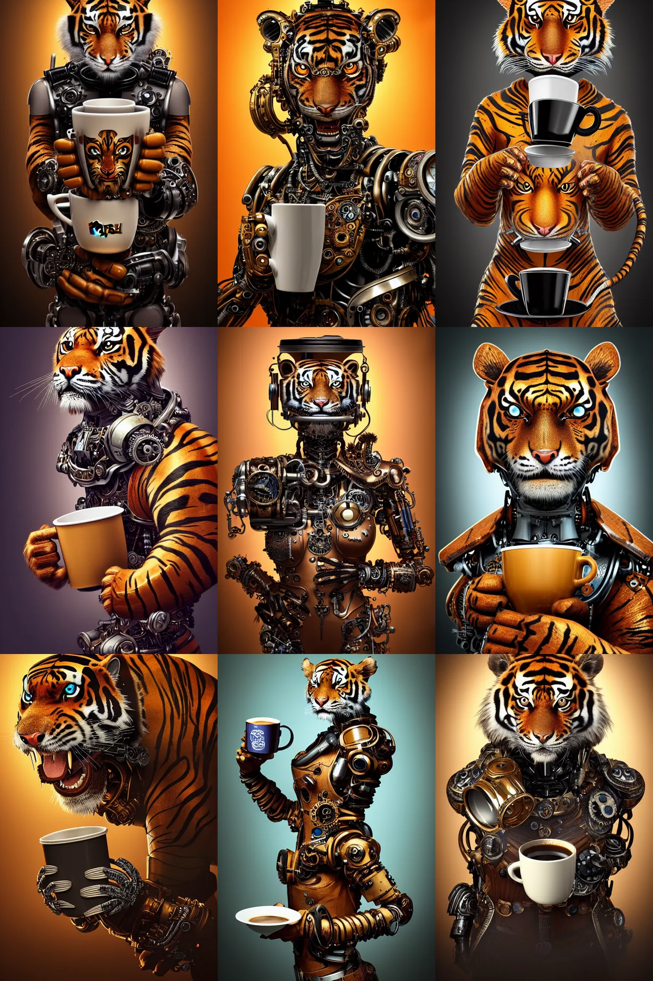 Prompt: a stunning intricate fine art portrait photo of a steampunk cyborg tiger holding a cup of coffee, in the style of pixar, perfection!, perfect face and eyes, studio lighting, 8 5 mm lens, very detailed, bionic, cybernetic scifi, deep depth of field, artstation, 8 k, highly coherent