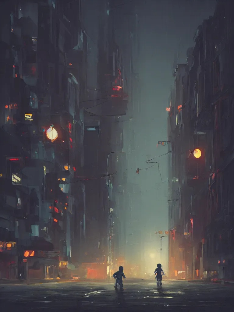 Image similar to one single little boy in a dark street in a big city with neonlights by night a painting from stalenhag, 4 k, 8 k, hdr, artstation, concept art