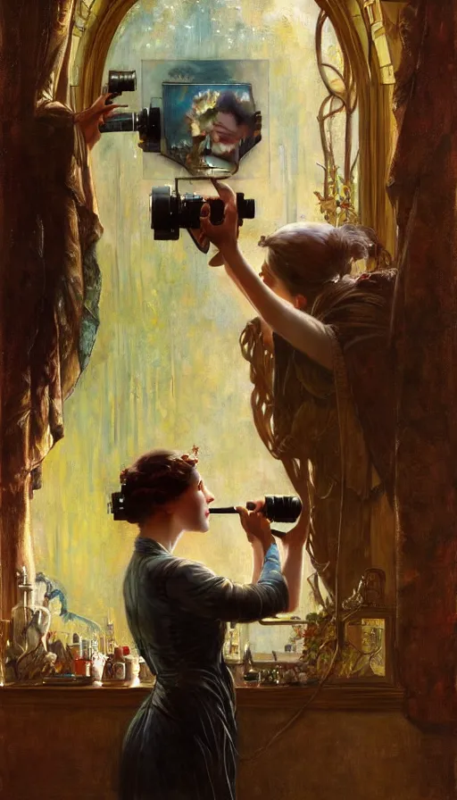 Image similar to hyper realistic photographer looking through camera, magical, painted by james gurney, norman rockwell, tom bagshaw, mucha, gaston bussiere, craig mullins, j. c. leyendecker 8 k