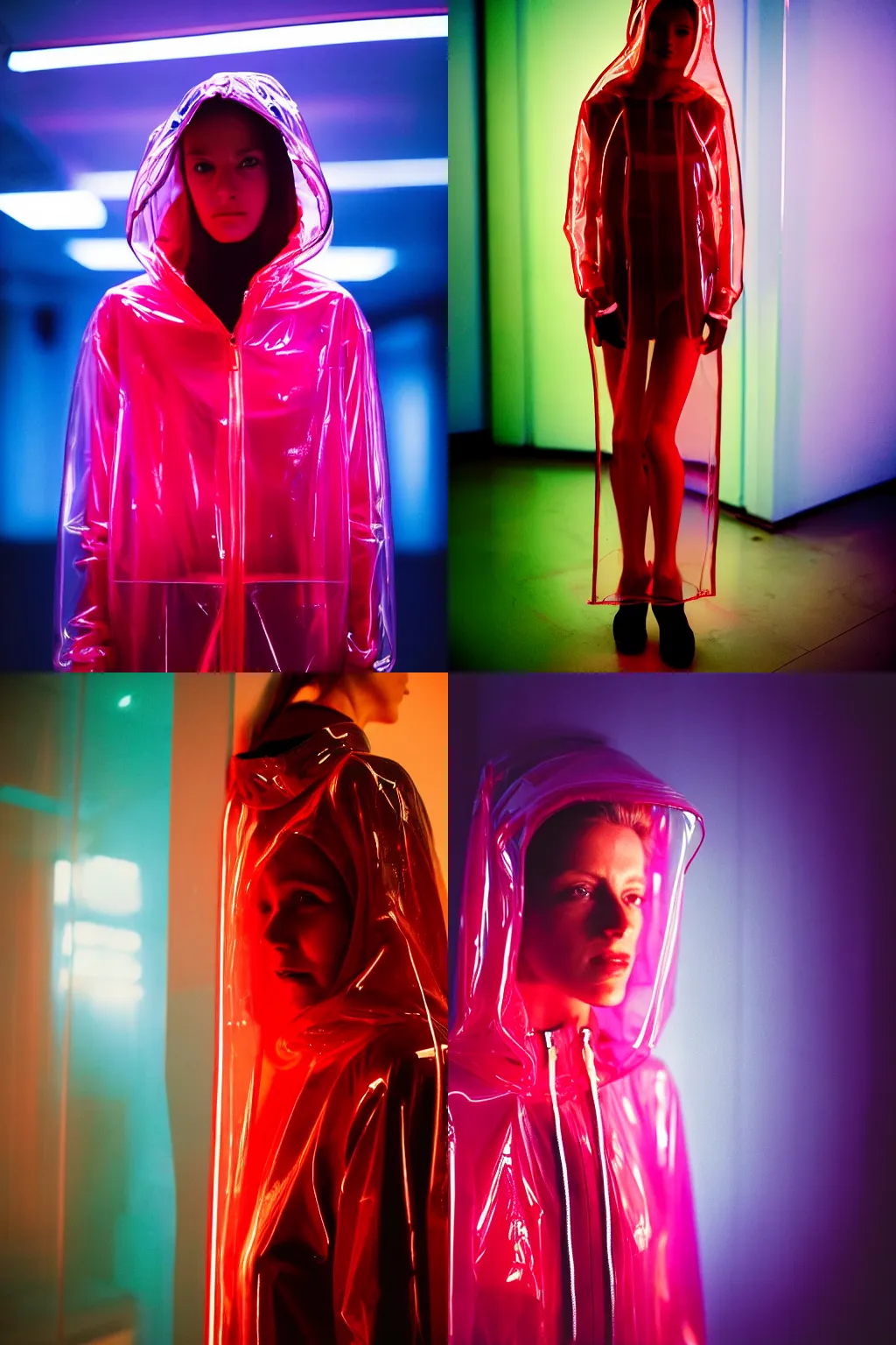 Image similar to A realistic and detailed portrait photography of a woman wearing a futuristic transparent raincoat with hoodie. by Annie Leibovitz. Neo noir style. Cinematic. Red neon lights and glow in the background. Cinestill 800T film. Lens flare. Helios 44m. Ultra detail. Photoreal. Depth of field.