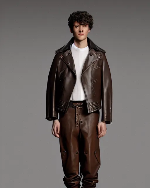 Image similar to an award - winning photo of a brown cropped extremely baggy pirate designer menswear leather jacket with an oversized collar and bootcut trousers designed by alexander mcqueen, 4 k, studio lighting, wide angle lens