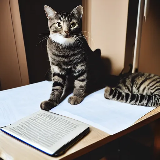 Prompt: a photo of a cat wearing a shirt and tie, sitting at a white desk. The desk has a textbook and a laptop on it