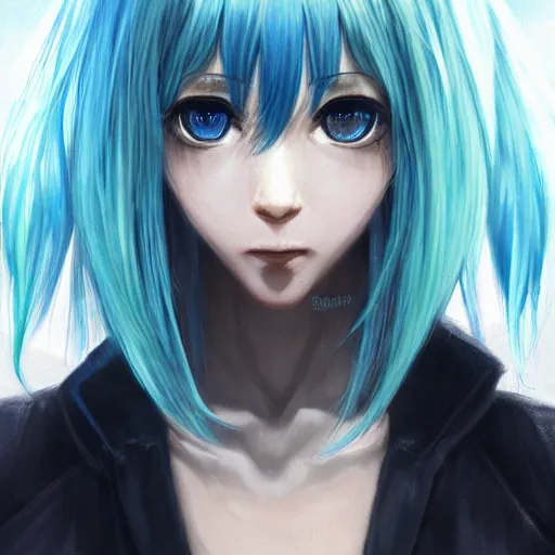 Image similar to profile shot of rimuru tempest, sky blue, straight hair, long bangs, | amber colored eyes | wearing a black jacket with white stripes, high collar, highly detailed, unreal engine 5, digital painting, cinematic, wlop | artgerm, pixiv, yoshitaka amano, greg rutkowski, ilya kuvshinov, andy warhol