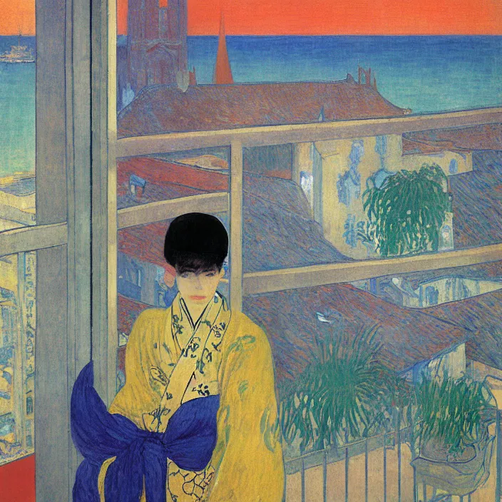 Image similar to portrait of woman in colourful kimono, white cat and house plant with city with gothic cathedral seen from a window frame with curtains. cloudy sunset. bonnard, henri de toulouse - lautrec, rene magritte, utamaro, matisse, monet