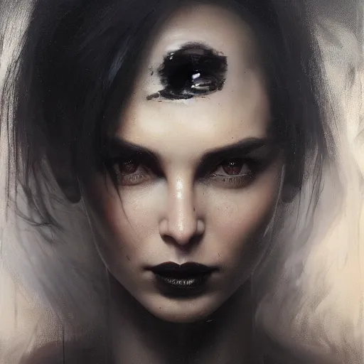 Image similar to Face of a beautiful woman with very black hair, intimidating woman, large black eyes, high forehead, smooth pale skin, ethereal skin, ominous, eldritch. oil painting by nuri iyem, james gurney, james jean, greg rutkowski, highly detailed, soft lighting, chiaroscuro