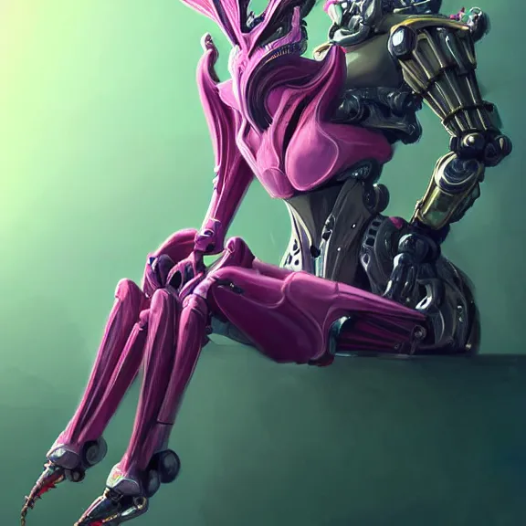 Image similar to highly detailed exquisite fanart, of a beautiful female warframe, but as an anthropomorphic robot dragon, sitting on a soft green sofa, with robot dragon head, off-white plated armor, bright Fuchsia skin, full body shot, epic cinematic shot, realistic, professional digital art, high end digital art, DeviantArt, artstation, Furaffinity, 8k HD render, epic lighting, depth of field