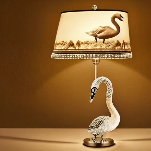 Prompt: luxury table lamp with a swan shape, intricate details, designed by swarovski, advertising photography