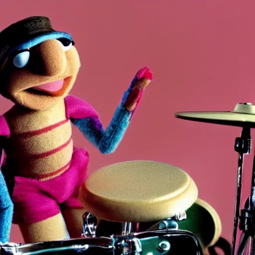 Prompt: a beautiful photo of Phil Collins as a Muppet, playing drums,