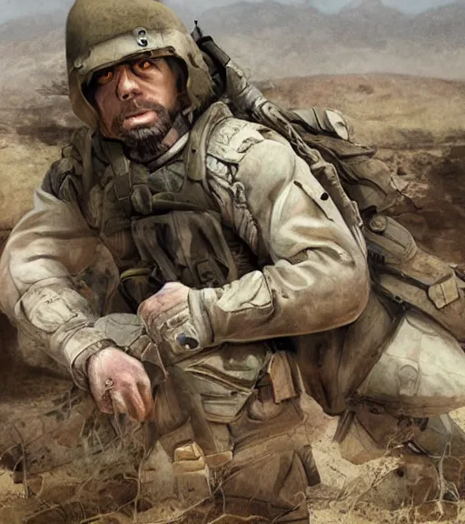 Prompt: scene of muscular, tired and alcoholic 3 0 - year - old grieving man with short darkblonde hair, serious sad look in his eyes, looking down, dirty beard, blue eyes, jumping from plane, wearing dirty soldier uniform, on the desert, sad atmosphere, hyper realistic face, character art, art by mark brooks, cryengine, trending on artstation, digital art