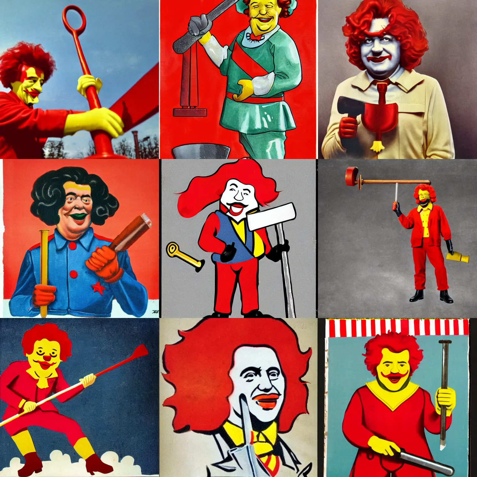 Prompt: soviet ronald mcdonald holding a hammer and a sickle