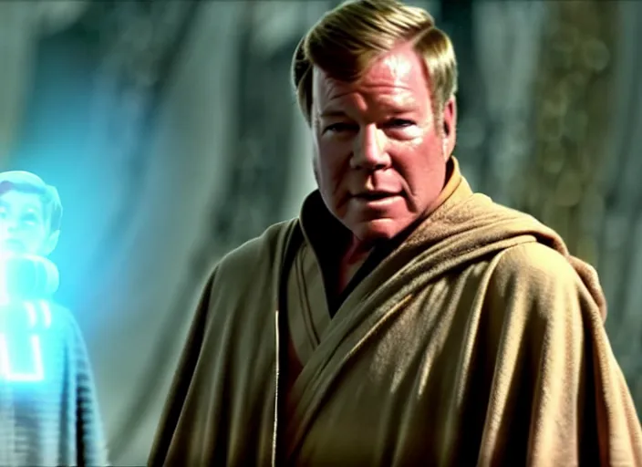 Image similar to young william shatner as obi - wan kenobi, wearing a robe, in star wars : the force awakens ( 2 0 1 5 ). movie still