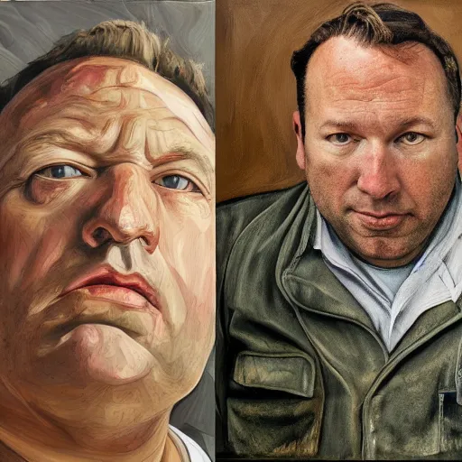 Prompt: high quality high detail painting by lucian freud, hd, exaggerated portrait of alex jones as a political prisoner, photorealistic, studio lighting