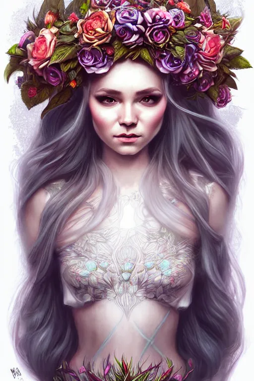 Image similar to digital art, centered elven bride, vivid flower crown ,intricate, veins, by James Jean and by artgerm , ultradetailed, charachter design, concept art, trending on artstation,