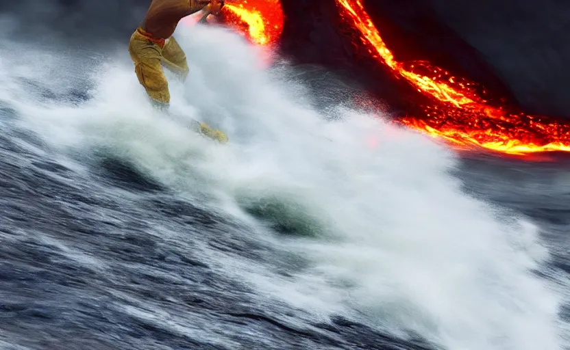 Prompt: lava surfing is the most extreme of sports, action shot, directed by michael bay, motion blur, sharp focus, imax