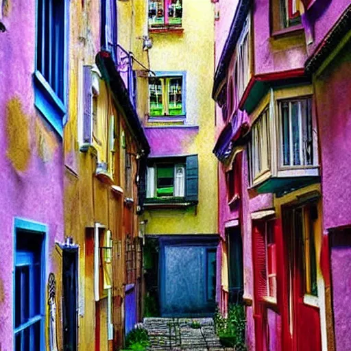 Image similar to narrow street between houses, colorful, fantasy art, concept art, high detail