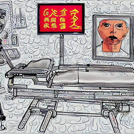 Image similar to chinese surgery operating table, in the style of daniel johnston and outsider art, 8k, line brush, overlaid with chinese adverts