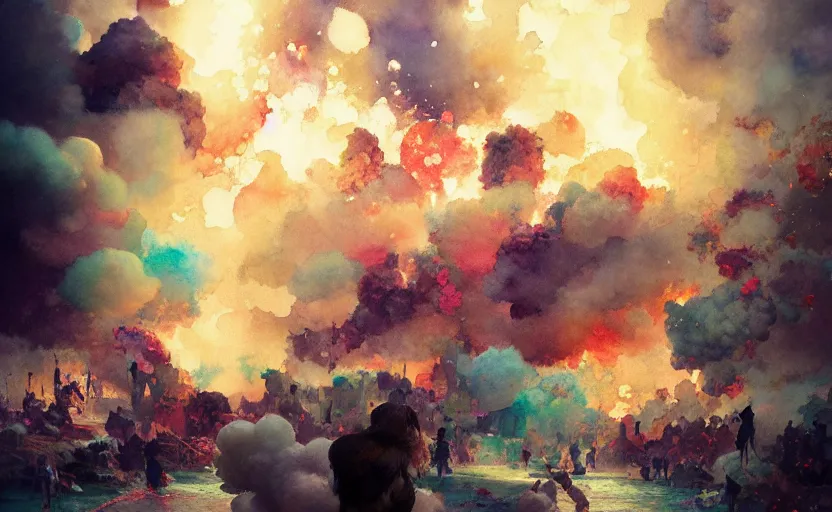 Prompt: explosion made of cotton, beach, fantasy, intricate, amazing composition, colorful watercolor, by ruan jia, by maxfield parrish, by marc simonetti, by hikari shimoda, by robert hubert, by zhang kechun, illustration, gloomy