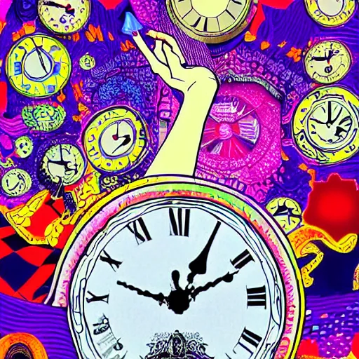 Prompt: alice in wonderland clock background, psychedelic, a hand reaching from underneath,