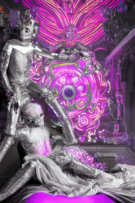 Image similar to full-body rococo and cyberpunk style neon statue of a young attractive portugues macho dotado android reclining sim roupa con piroca, glowing white laser eyes, prince crown of pink gears, diamonds, swirling silver-colored silk fabric. futuristic elements. full-length view. space robots. human skulls. intricate artwork by caravaggio. Trending on artstation, octane render, cinematic lighting from the right, hyper realism, octane render, 8k, depth of field, 3D