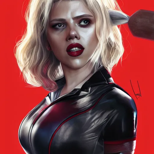 Image similar to Scarlett Johansson as Harley Quinn, holding bat, digital, artstation, cgsociety, 4k, high detail