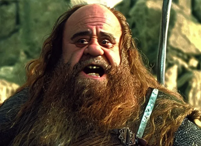 Prompt: film still of danny devito as gimli in lord of the rings movie, 8 k