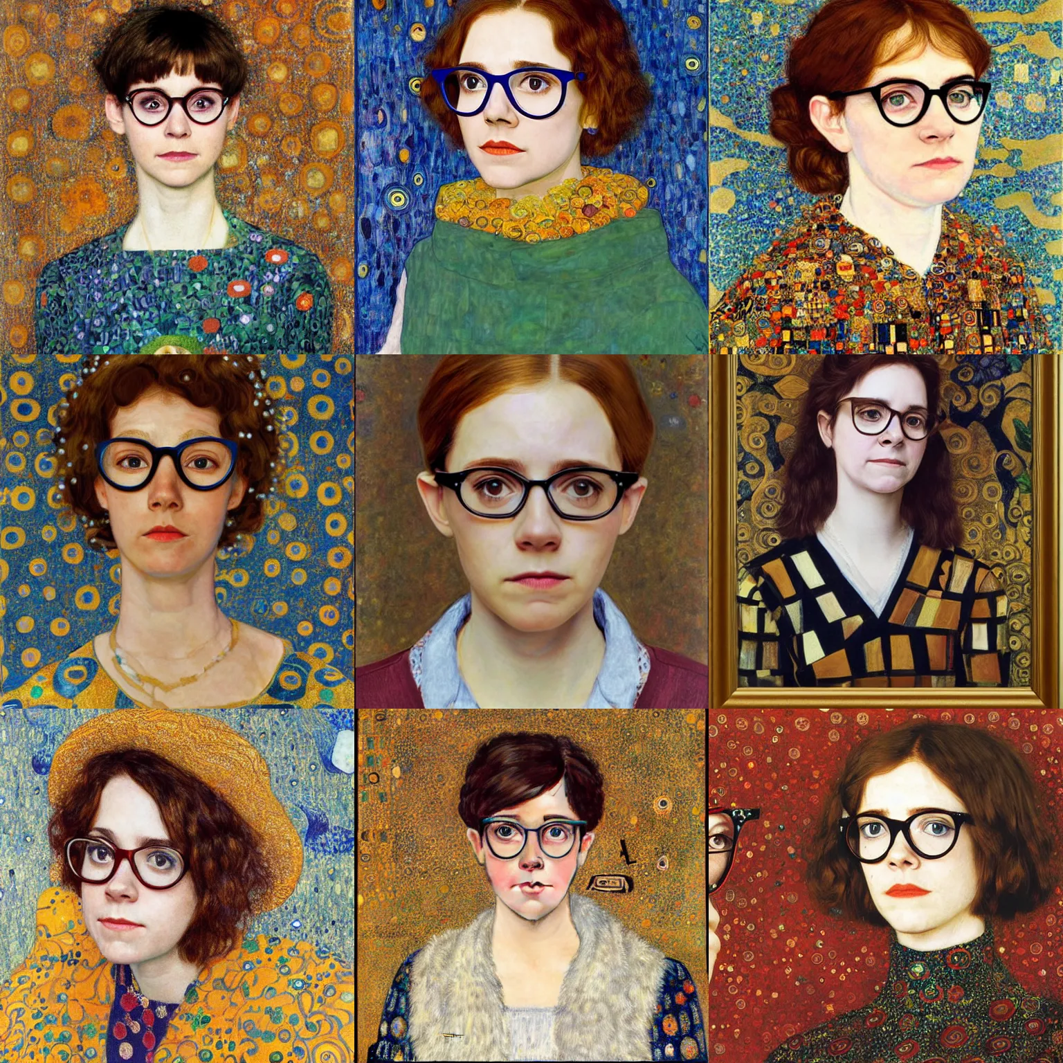 Prompt: a portrait of female asa Butterfield mixed with pam beesly wearing cat-eye glasses by gustav klimt