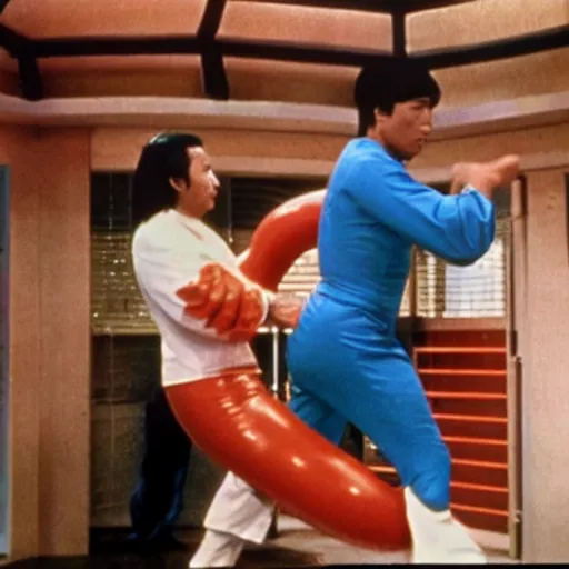 Image similar to 1 9 7 0's kung fu movie, a man in a rubber latex hot dog costume fighting a man wearing a rubber latex hamburger costume inside a futuristic ufc octagon cage arena