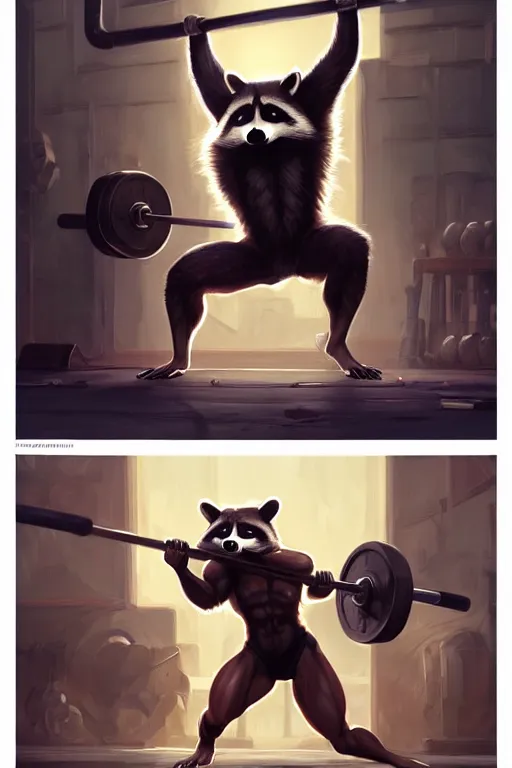 Prompt: anthro raccoon lifting weights, dim dingy gym, dynamic pose, fantasy, intricate, elegant, highly detailed, digital painting, artstation, concept art, matte, sharp focus, illustration, art by artgerm and greg rutkowski and alphonse mucha