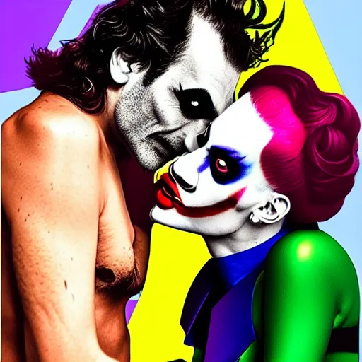 Image similar to richard hamilton and mimmo rottela as lady gaga harley queen and joaquin phoenix joker kissing, pop art, medium shot, 3 color, separate content, object details, dynamic composition, 4 k, ultra realistic art, smooth, sharp focus, illustration, concept art, intricate details, h 7 6 8