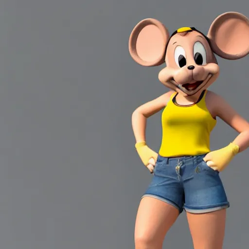 Image similar to 3 d render, portrait, upper body shot, mid shot, anthropomorphic mouse, female, wearing denim short shorts and a off yellow tank top shirt, in the style of rescue rangers